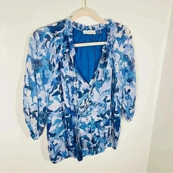 Ramy Brook Celeste Blouse Floral Printed Silk Metallic Bohemian Airy Ruffle - Picture 9 of 10